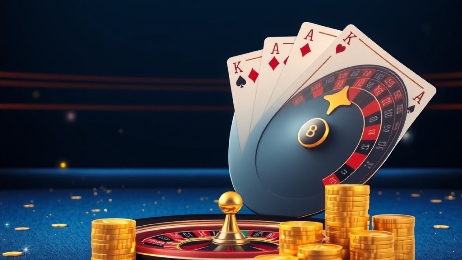 11xplay betting floor with rummy cards, roulette wheel and gold chips on deep navy