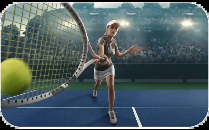 Tennis player striking a forehand at the net in a full arena